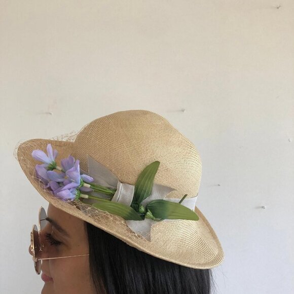 Vintage Floral Hat with Veil - Betmar New York - Tan Hat with Purple Flowers main image 7